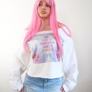 y2k swag is forever floral cropped off shoulder sweatshirt